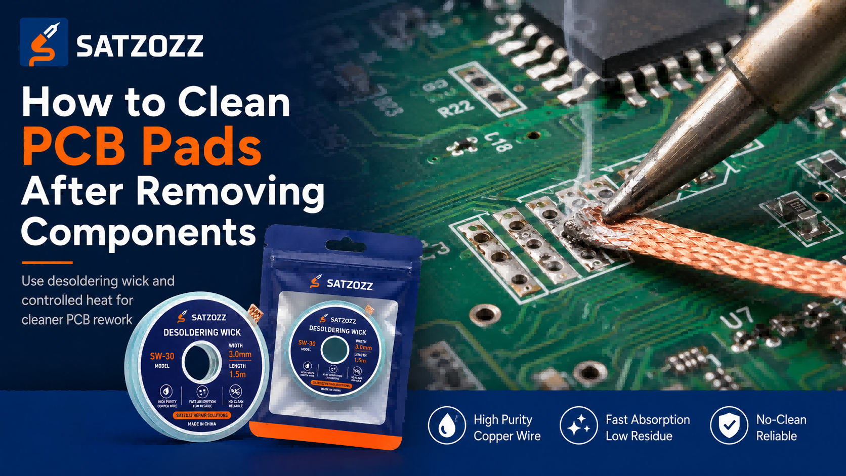 Cleaning PCB pads after component removal with desoldering wick