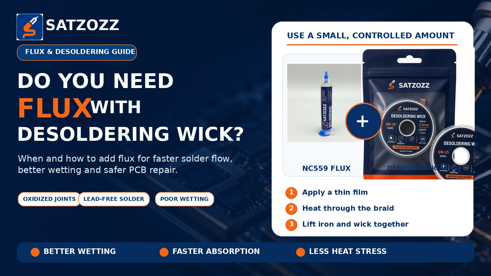 SATZOZZ NC559 flux used with desoldering wick for PCB solder removal
