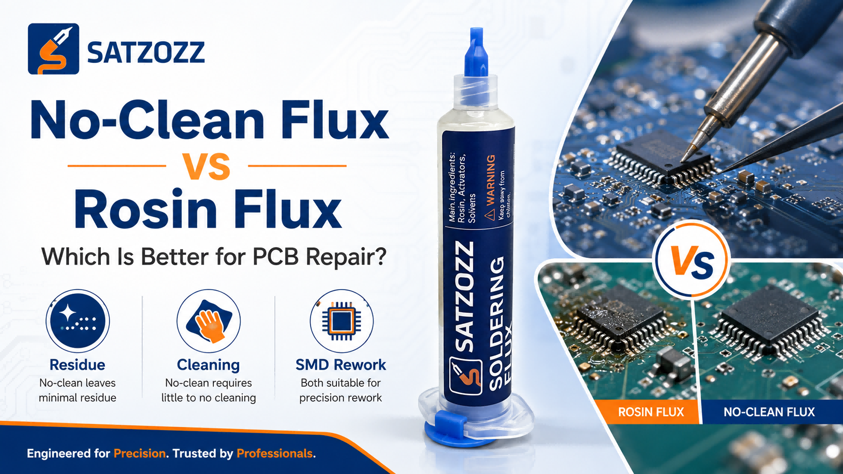No-clean flux vs rosin flux comparison for PCB repair and SMD rework