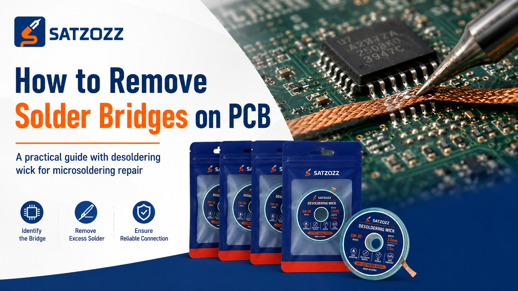 How to remove solder bridges on PCB using desoldering wick