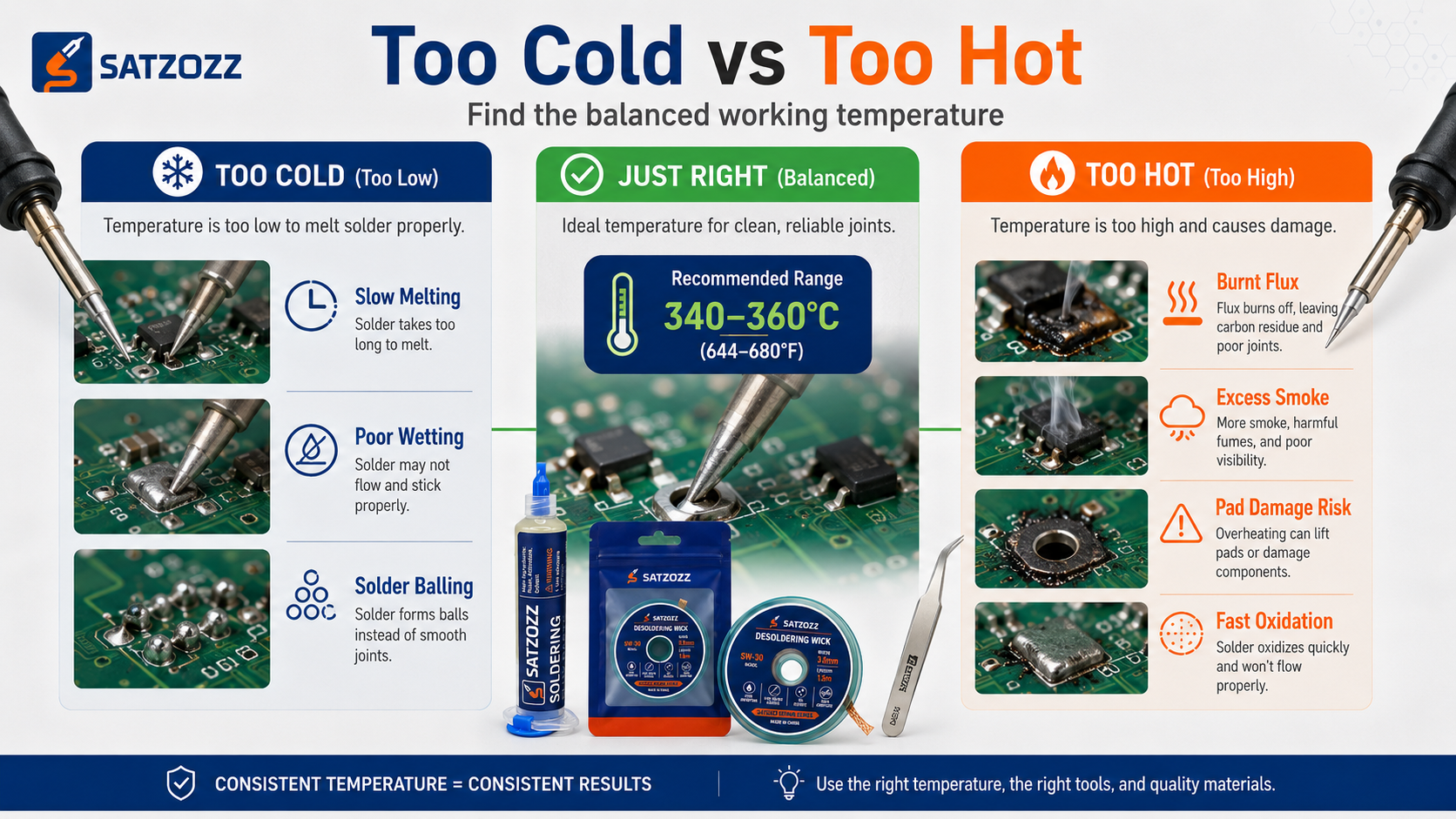 SATZOZZ flux desoldering wick and precision tweezers for PCB repair