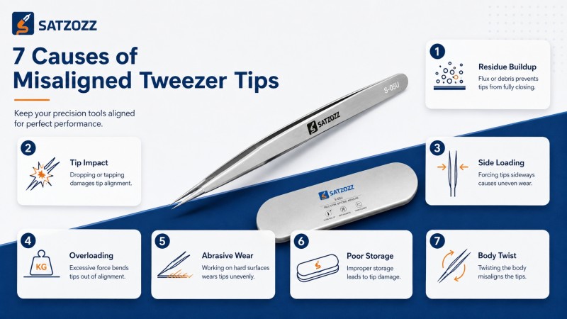 Seven causes of misaligned precision tweezer tips including impact residue and side loading