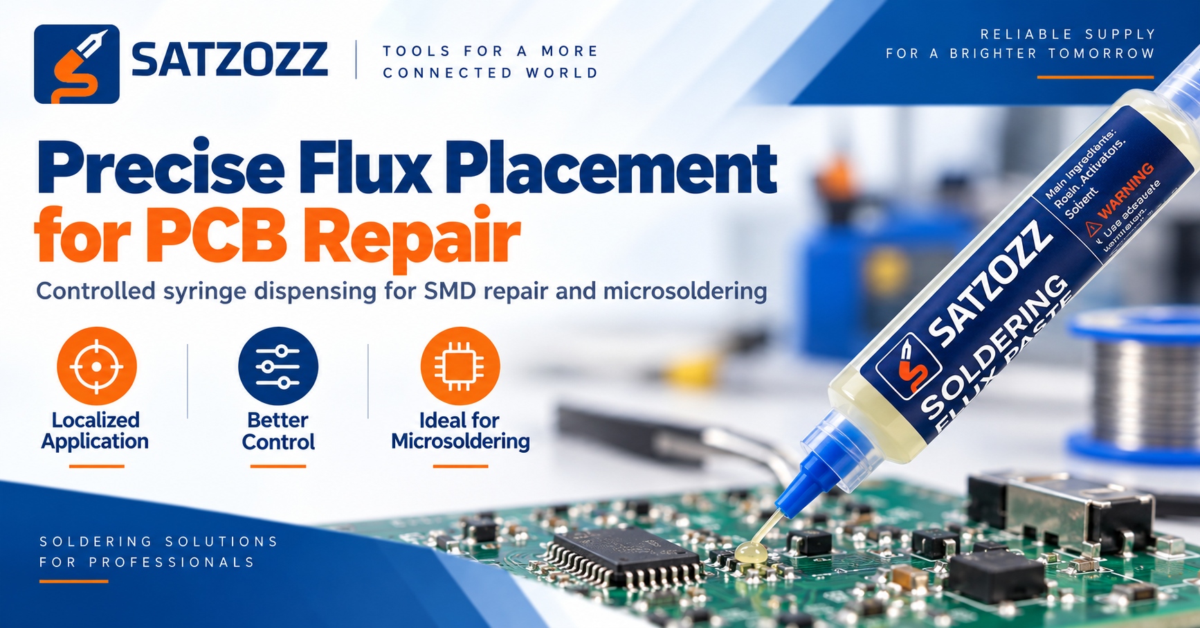 NC559 soldering flux syringe application for PCB repair and microsoldering