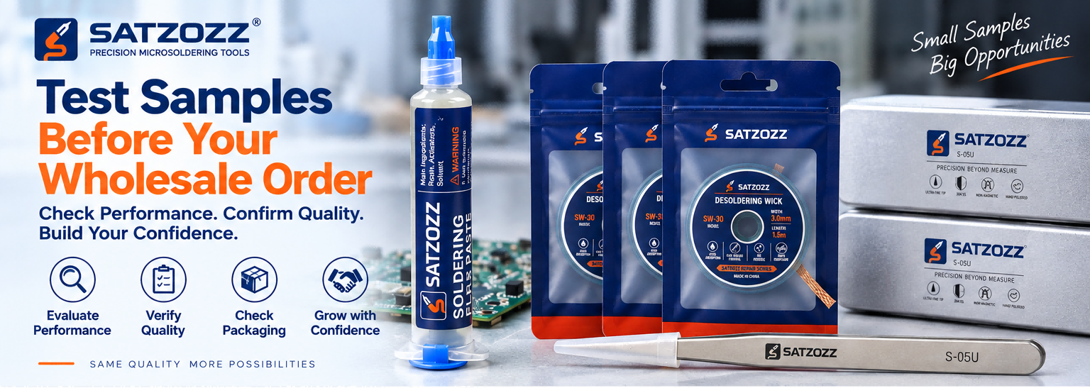 PCB repair tool sample testing checklist for wholesale buyers with SATZOZZ flux desoldering wick and precision tweezers