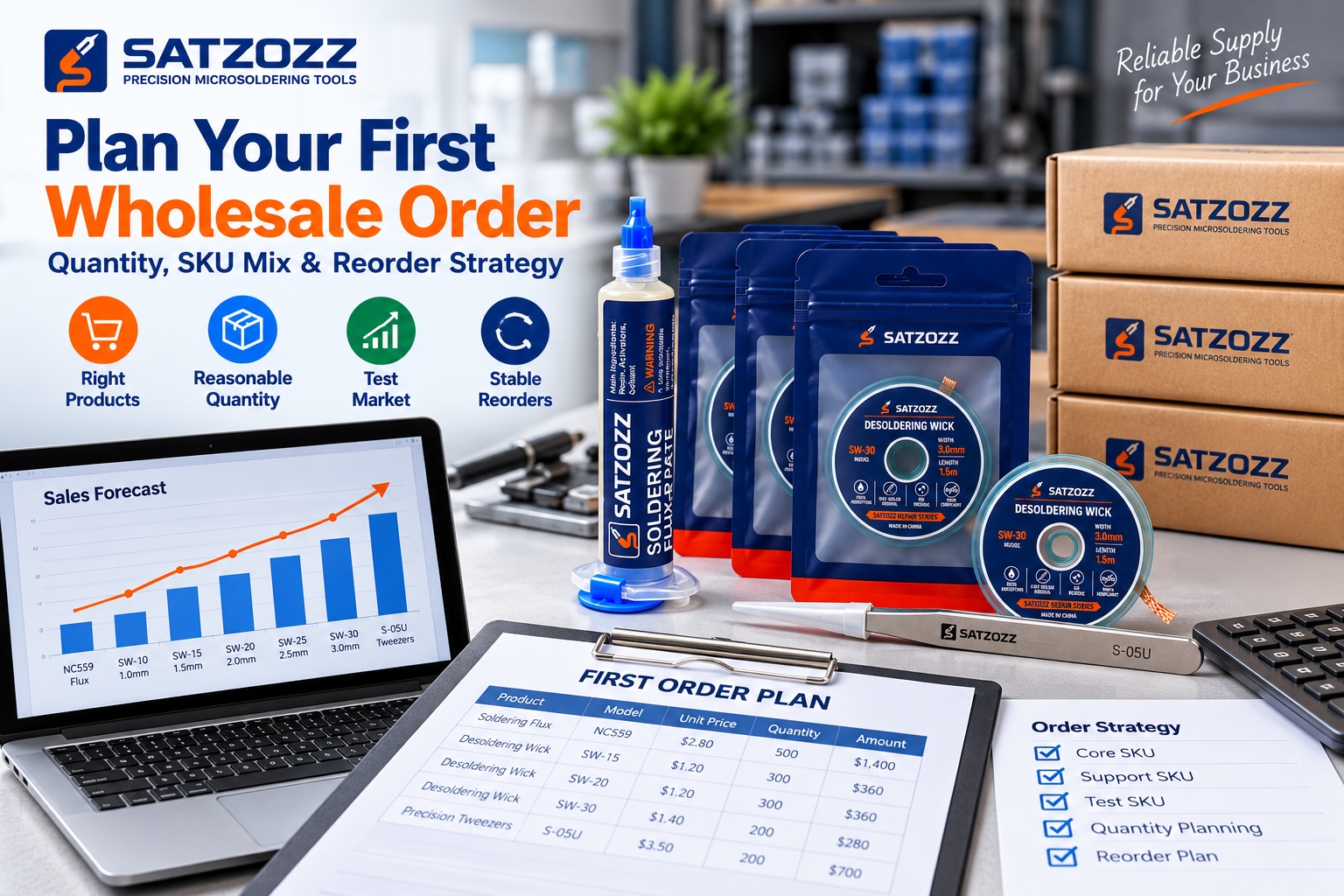 PCB repair tools reorder strategy for distributors with SATZOZZ soldering flux desoldering wick and precision tweezers