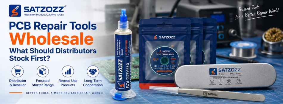 SATZOZZ PCB repair tools wholesale range for distributors including soldering flux desoldering wick and precision tweezers