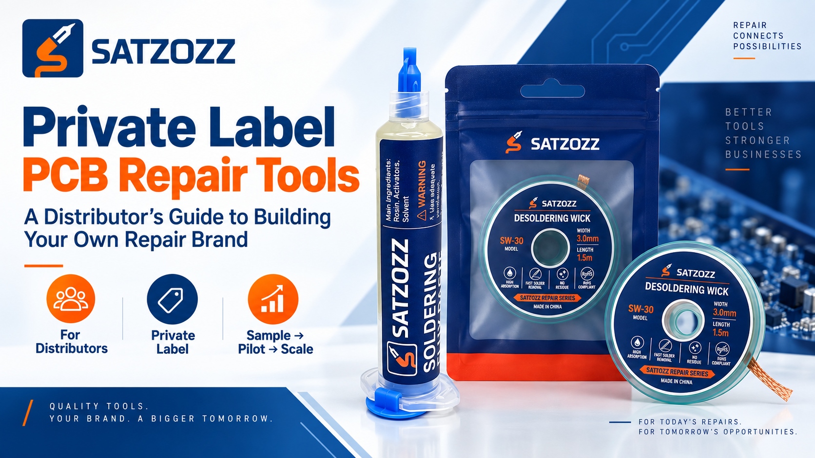 Private label PCB repair tools for distributors including flux desoldering wick and precision tweezers