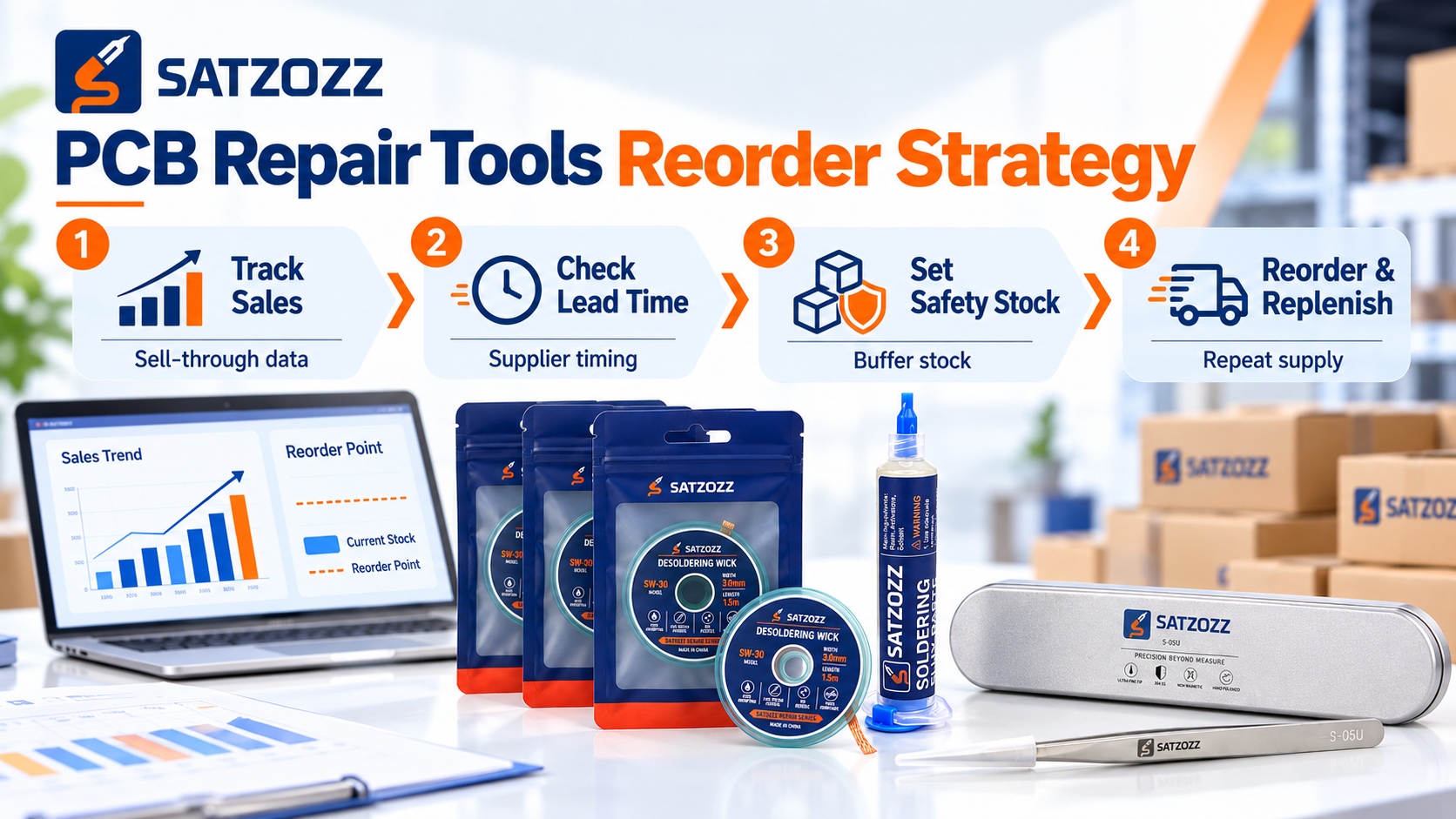 PCB repair tools reorder strategy showing sell-through reorder point safety stock and replenishment