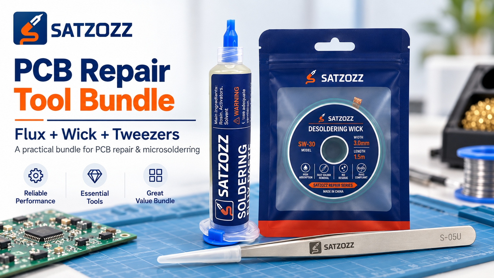 SATZOZZ PCB repair tool bundle with soldering flux desoldering wick and precision tweezers