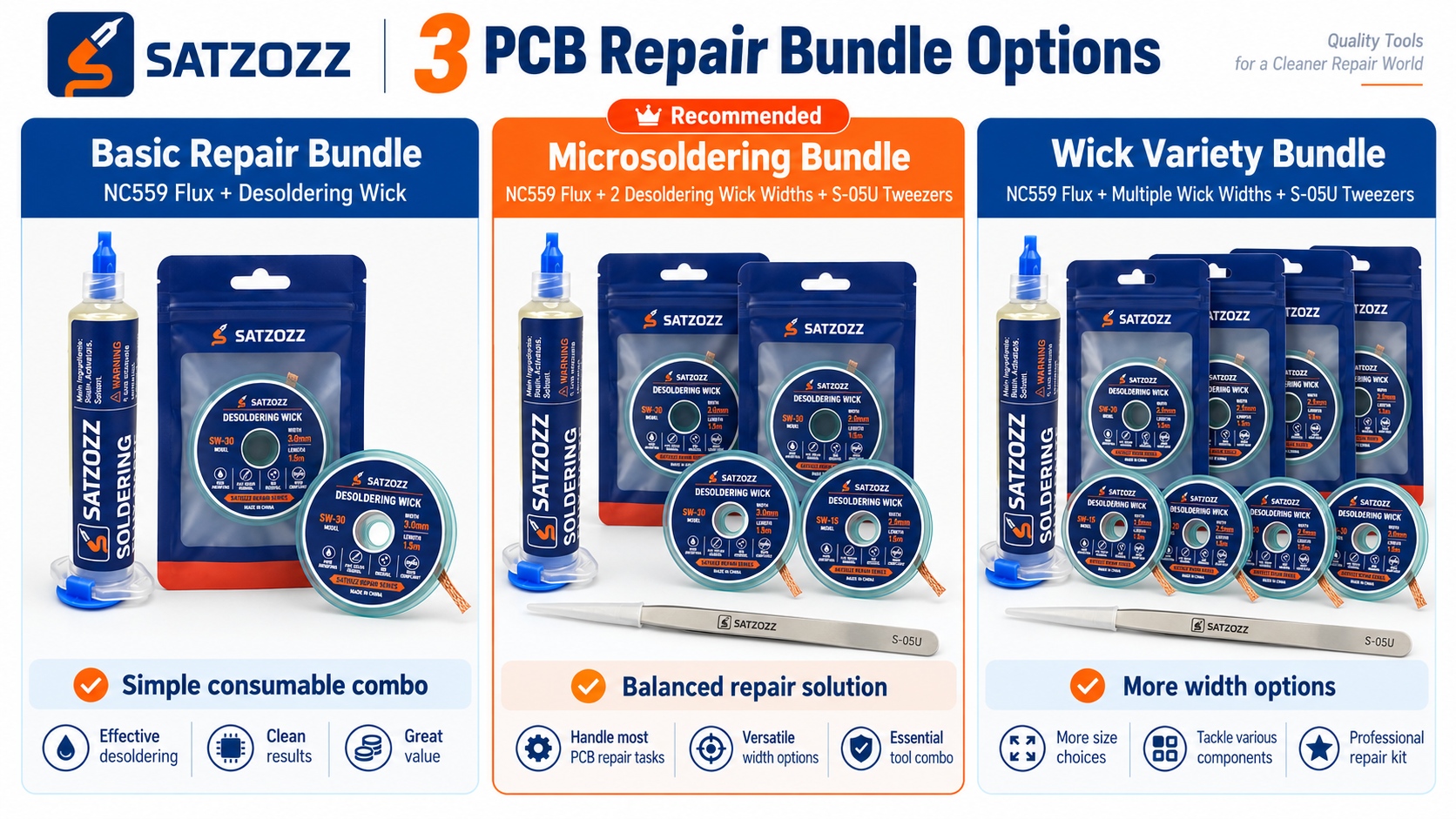 PCB repair tool bundle options including flux desoldering wick and precision tweezers