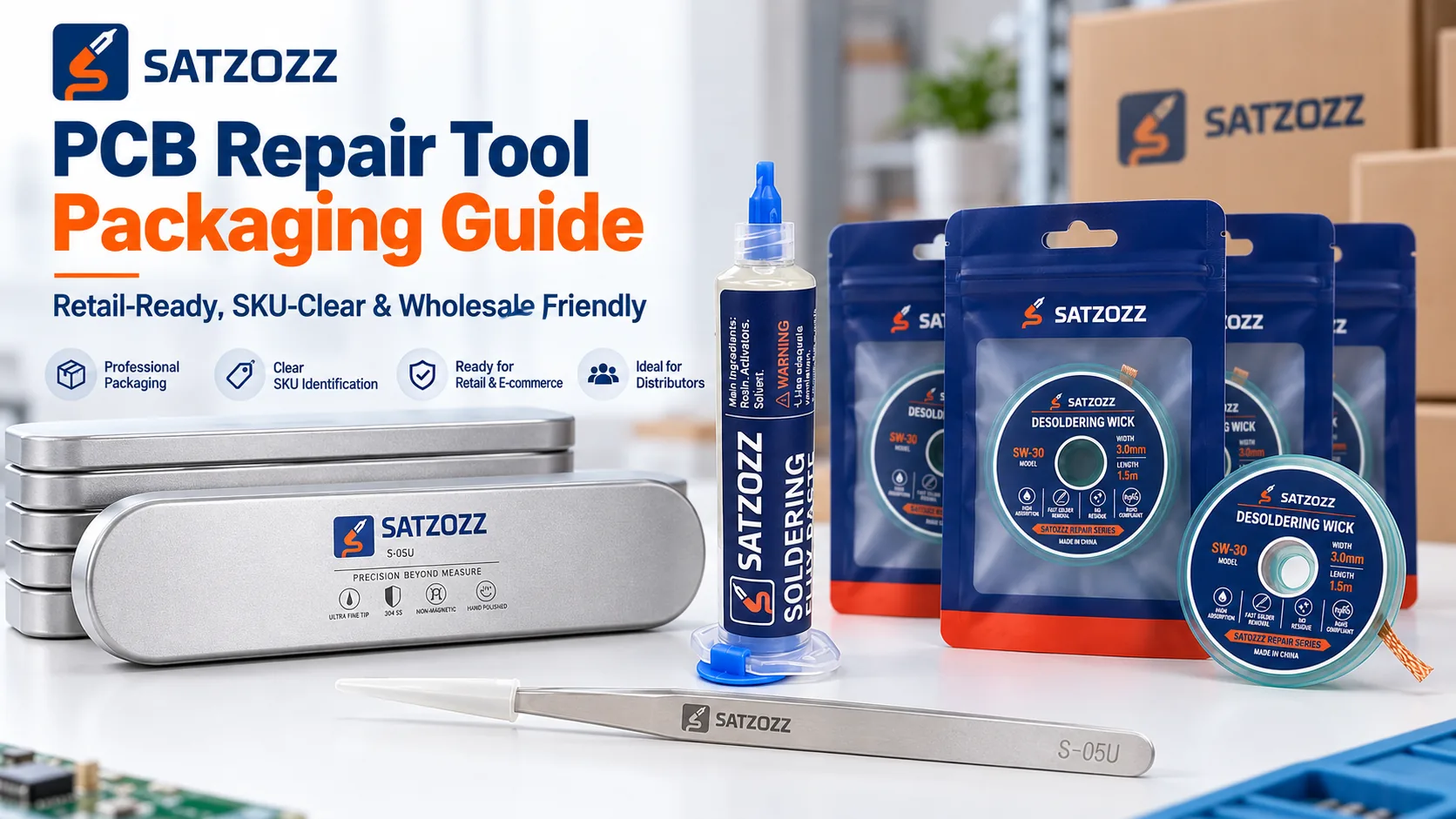 SATZOZZ PCB repair tool packaging for distributors including soldering flux desoldering wick and precision tweezers